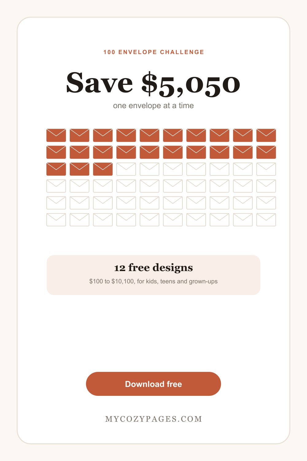 Free printable 100 envelope challenge tracker from MyCozyPages, with rows of envelopes to fill in and a $5,050 total