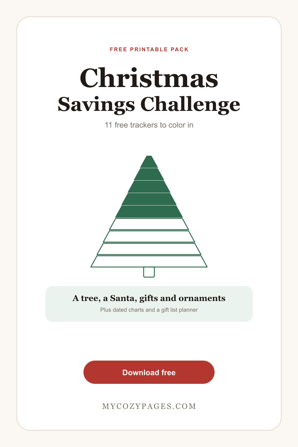 Free printable Christmas savings challenge tracker from MyCozyPages, a tree that fills in as you save