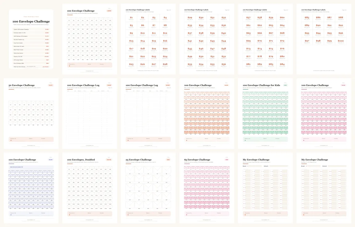 Preview of all 18 pages in the 100 envelope challenge pack, shown as a grid of thumbnails