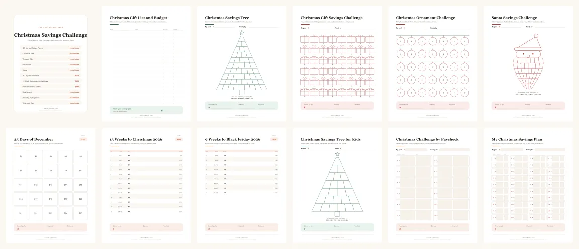 Preview of all 12 pages in the Christmas savings challenge pack, shown as a grid of thumbnails