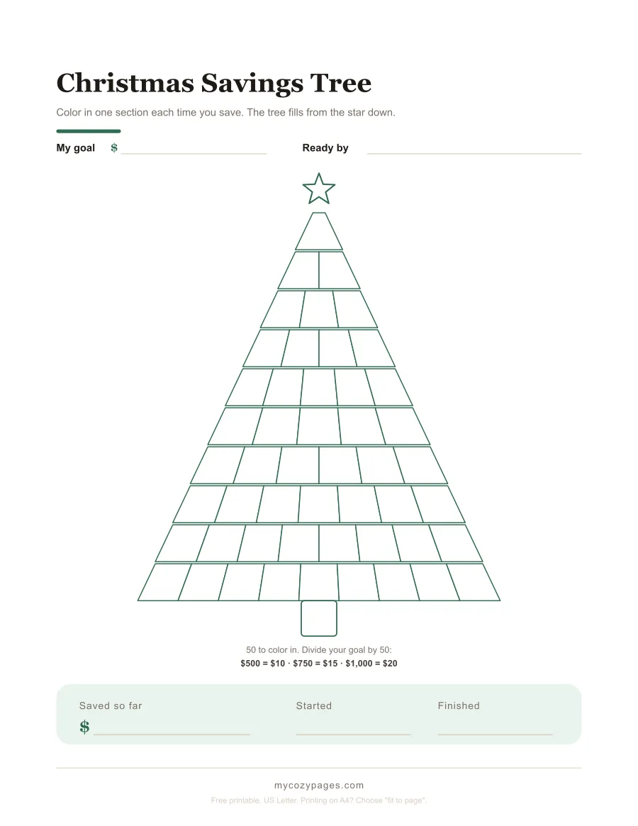 Printable Christmas savings tree tracker with 50 sections to color in as you save, and a goal line at the top